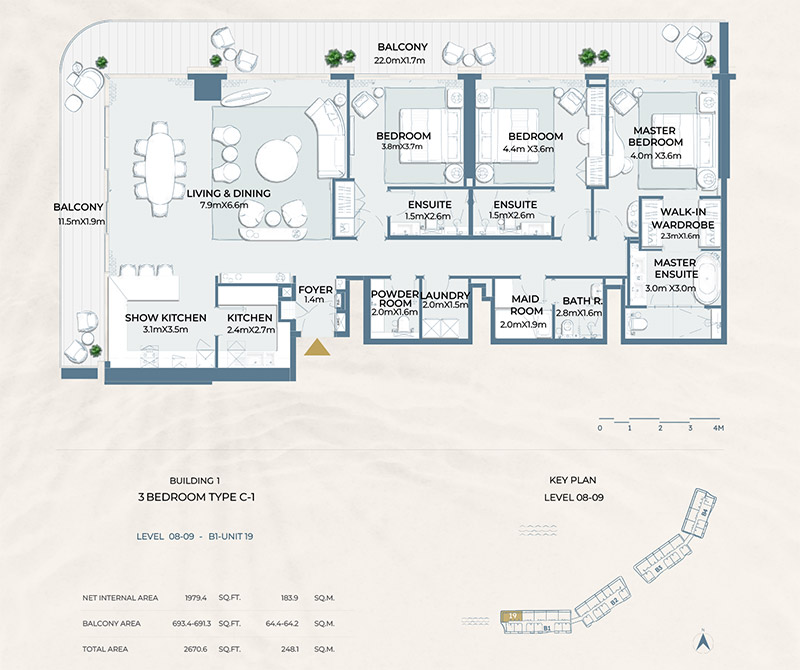 Fairmont Residences Al Marjan Island 3 Bedroom Apartment Floor Plan
